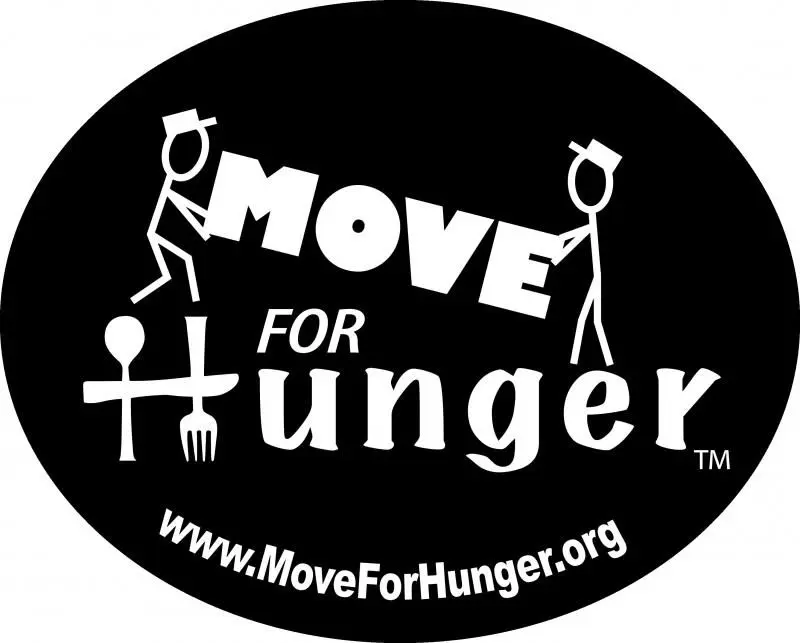 A black and white sticker with the words " move for hunger ".