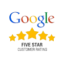 Google five-star customer rating with five golden stars displayed below the company logo.