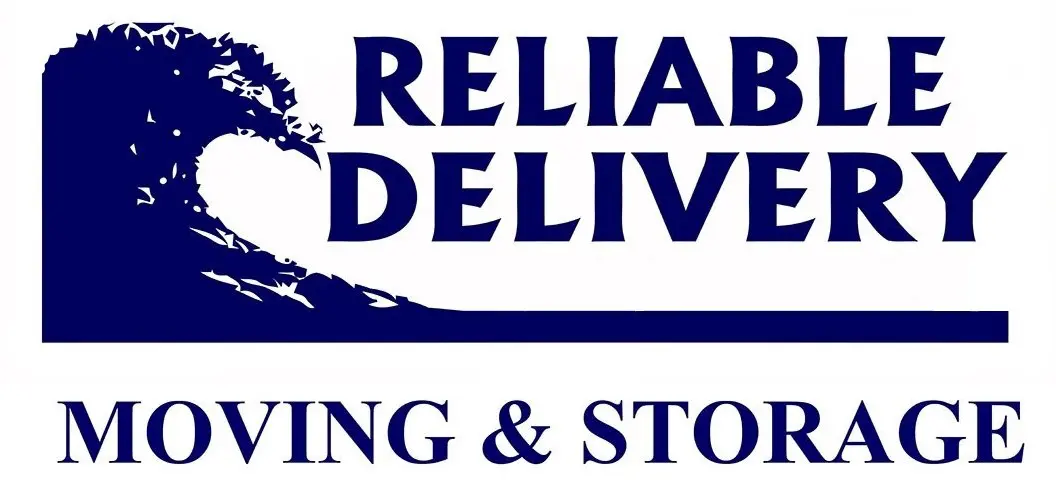 A blue and white logo for reliable delivery moving & storage.