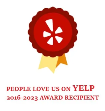 A red ribbon with the words " people love us on yelp 2 0 1 6-2 0 2 3 award recipient ".
