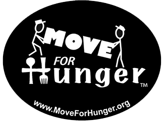 A sticker that says move for hunger.