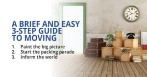 Tips for relocating: a three-step moving guide presented alongside packed boxes and suitcases in an empty room.