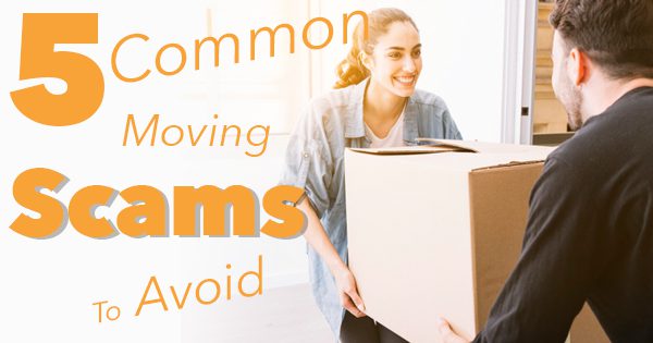 Tips on avoiding moving scams presented alongside an image of two people handling a cardboard box.