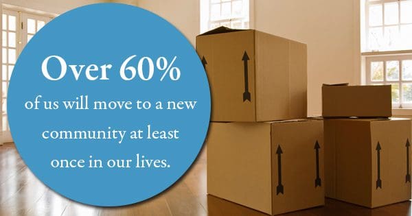 Cardboard boxes in a home indicating moving, with a statistic about relocation in a text overlay.