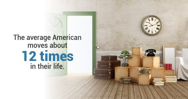 Packed moving boxes and suitcases in a room with an open door, highlighting the fact that the average american moves approximately 12 times in their life.