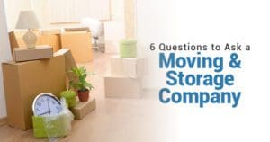 A living room scene with packed boxes and household items, indicating relocation, with an overlaid text suggesting tips for hiring a moving and storage company.