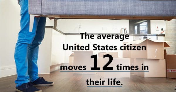 Person moving furniture with packed boxes, indicating frequent relocation in a u.s. citizen's life.