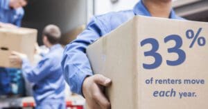 Workers unloading boxes with a statistic stating "33% of renters move each year.