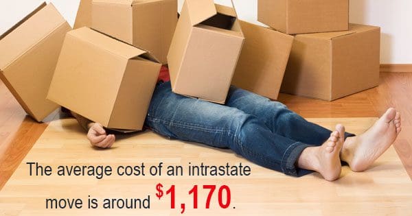 Person lying on the floor among moving boxes with a fact about moving costs displayed.