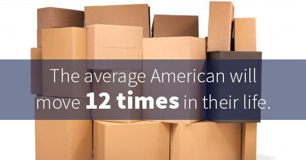 Stack of cardboard boxes with a statistic about american moving frequency.