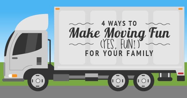 Moving truck with text offering tips on making relocation enjoyable for families.