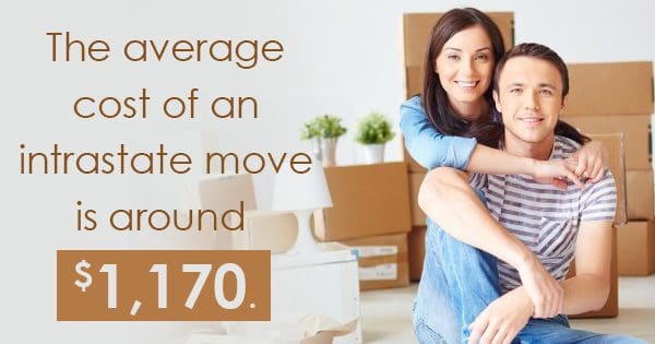 A couple embracing in a room with moving boxes, highlighting the average cost of an intrastate move.