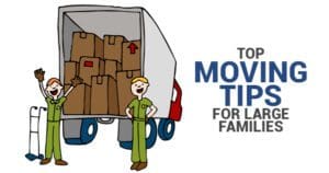 Two cartoon characters unloading a moving truck with text "top moving tips for large families.