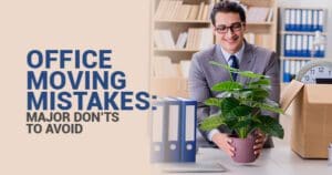 Smiling professional with moving box and plant highlights tips on avoiding common moving mistakes in the office.