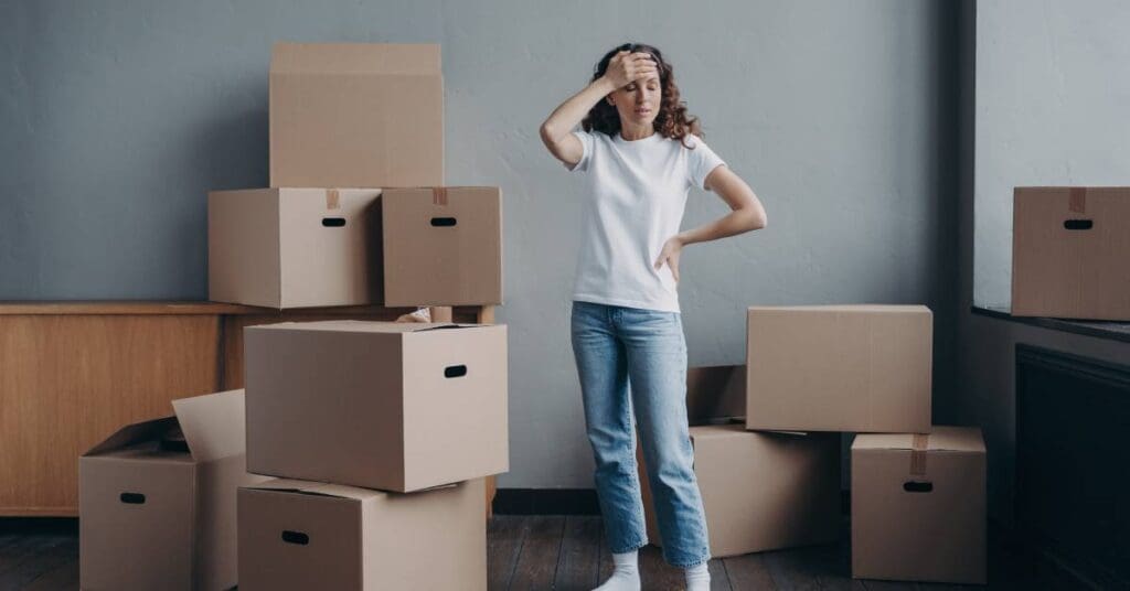 A woman standing in a mostly empty room, surrounded by unlabeled cardboard boxes, with her hand against her head.