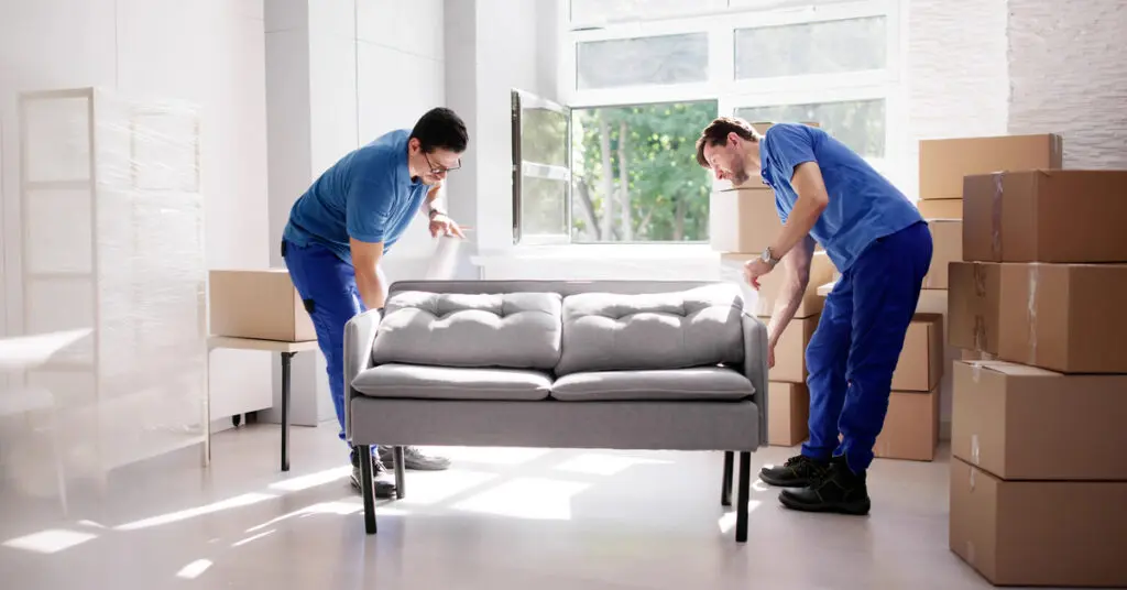 Two young men in similar blue clothes are lifting a gray couch in a living room. Off the side are several cardboard boxes.